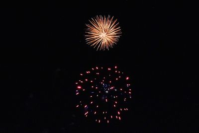 Low angle view of firework display at night