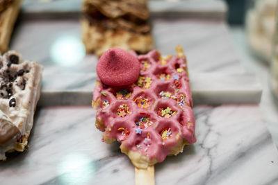 Close-up of ice cream on table