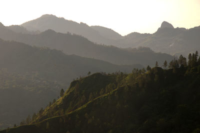 Scenic view of mountains against sky at sunset