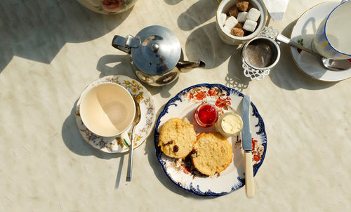 High angle view of breakfast served on table