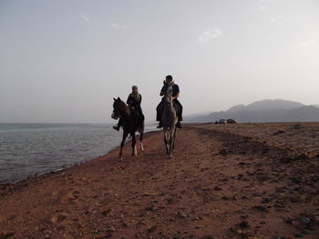 Couple riding horse on shore against clear sky