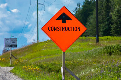 Information sign on road by plants