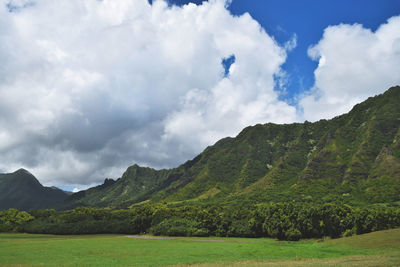 Panoramic view of landscape and mountains against sky