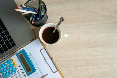 High angle view of coffee on table