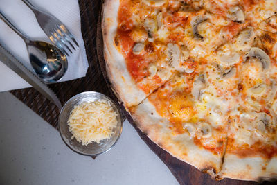 High angle view of pizza on table