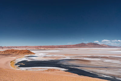 Scenic view of desert against clear blue sky