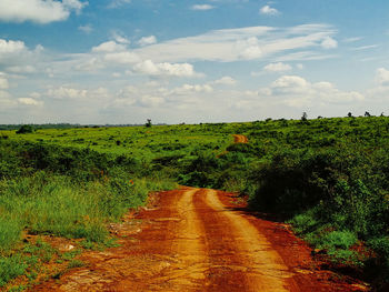 Dirt road amidst field against sky