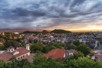 High angle shot of townscape against sky