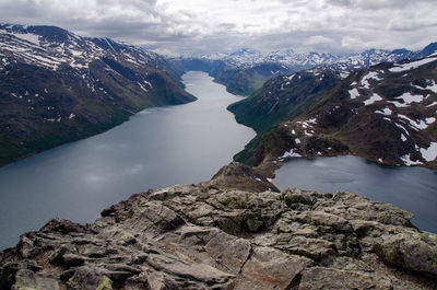 Panoramic view from the top of the besseggen ridge over the gjende and bessvatnet lake