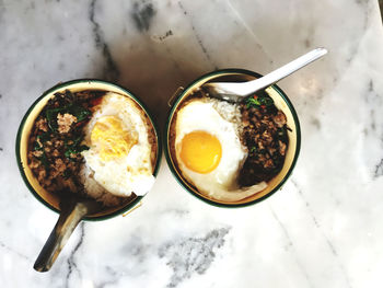 High angle view of breakfast served on table