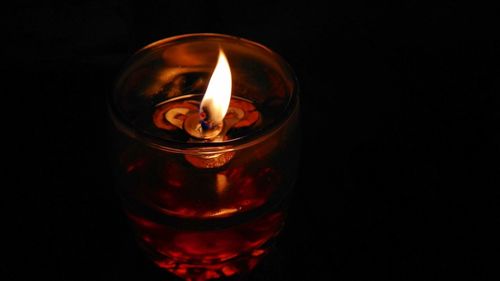 Close-up of lit candle against black background