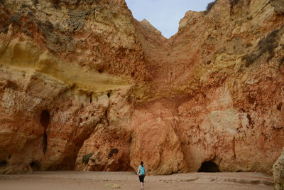 Rear view of person standing on rock formation