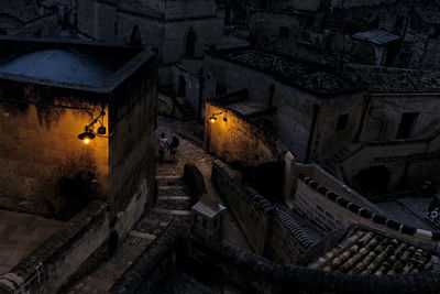 High angle view of steps at night