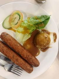 High angle view of breakfast served on table