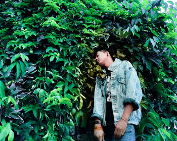 Low section of boy looking at plants