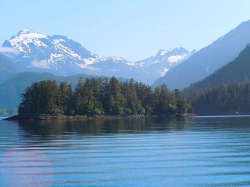 Scenic view of lake with mountains in background