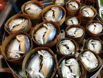 High angle view of fish for sale in market