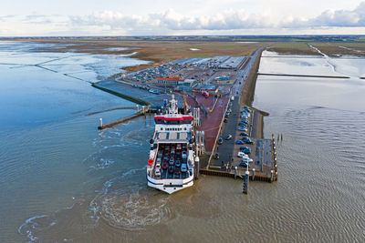 Aerial from the ferry from ameland arriving at holwerd in the netherlands