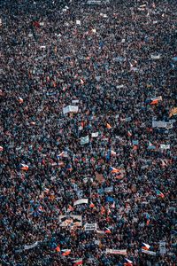 High angle view of people in front of building