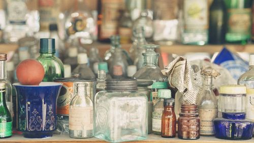 Close-up of bottles at market