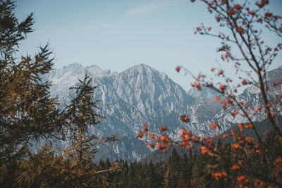 Scenic view of snow covered mountains against sky