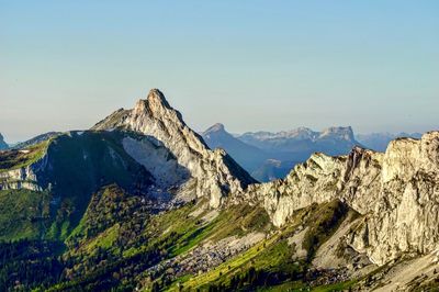 Panoramic view of snowcapped mountains against clear sky