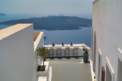 High angle view of buildings against sea