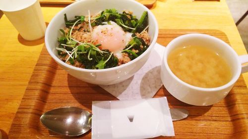 High angle view of soup in bowl on table