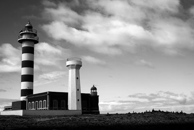 Low angle view of lighthouse amidst buildings against sky