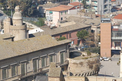 High angle view of old buildings in town