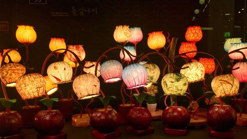 Close-up of lanterns hanging for sale