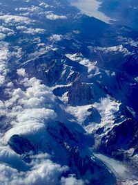 Aerial view of snowcapped mountains against sky