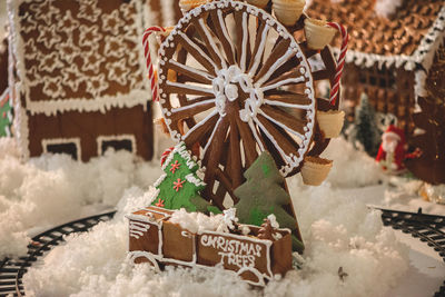 Close-up of gingerbread house during christmas