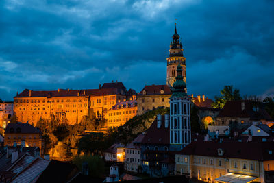 Buildings in city against cloudy sky