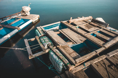 High angle view of old ship moored at harbor