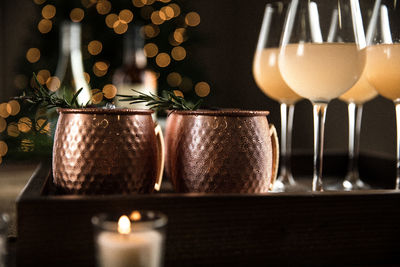 Close-up of holiday drinks on table