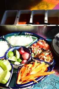 High angle view of meal served on table