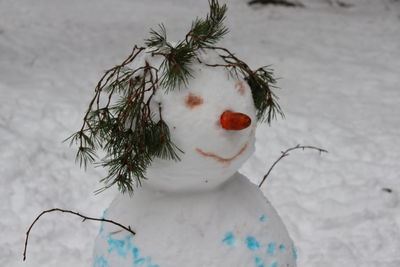 High angle view of christmas decoration on snow