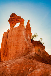 Low angle view of rock formations against sky