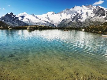 Scenic view of lake and snowcapped mountains against sky