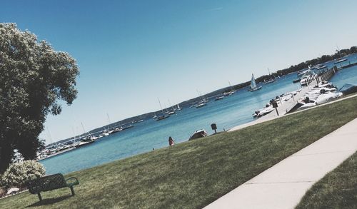 Scenic view of sea against blue sky