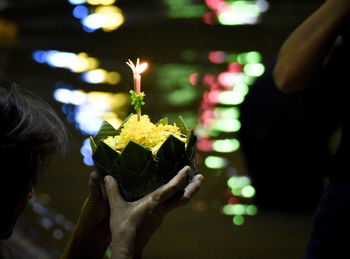 Close-up of hand holding illuminated leaf against blurred background