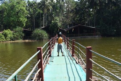 Rear view of people on footbridge over lake