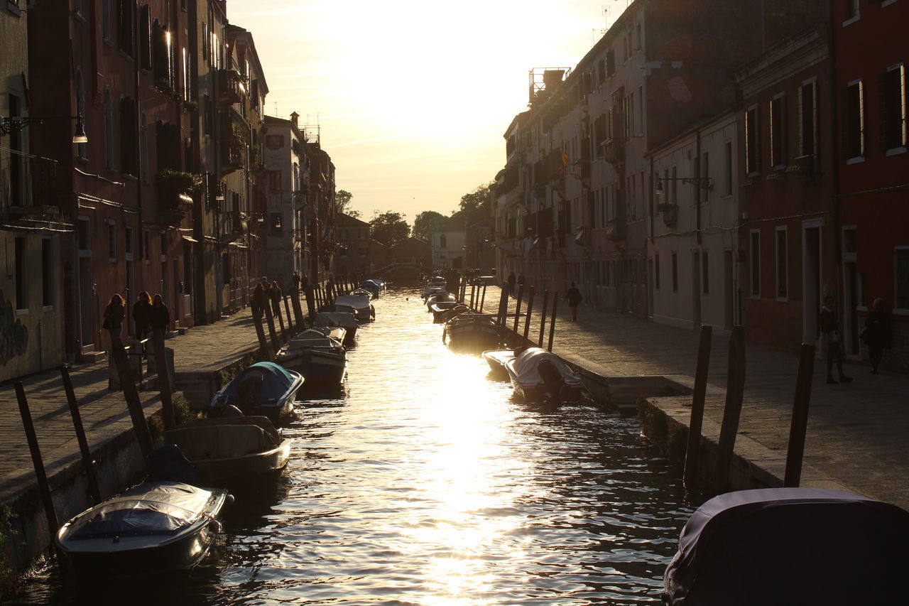 BOATS IN CANAL ALONG CITY BUILDINGS