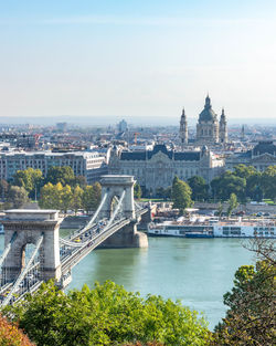 Bridge over river with budapest in background