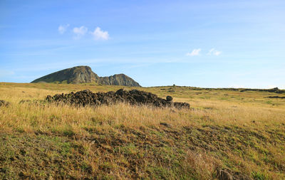 Scenic view of field against sky, easter island, chile