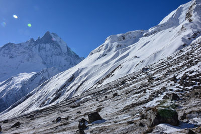 Scenic view of snowcapped mountains against clear sky , machapuchare, annapurna
