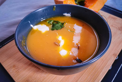 High angle view of soup in bowl