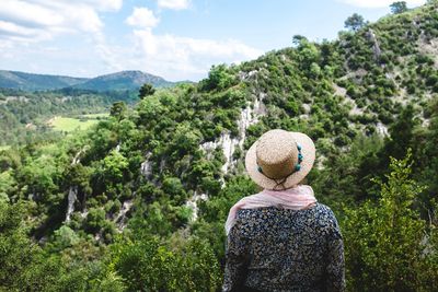 Rear view of woman looking at trees against sky