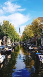 Scenic view of canal in city against sky